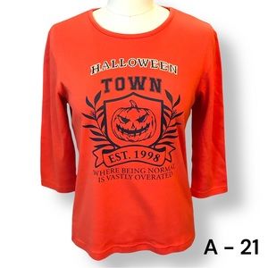 Halloween Town University Orange Top Shirt Womens 3/4 Sleeve Pumpkin Sz S Beads